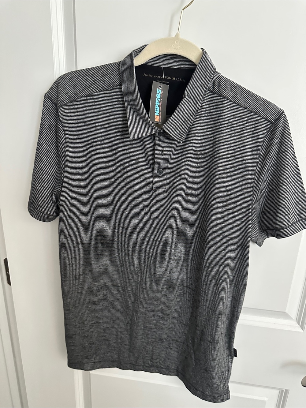 John Varvatos Men's Charcoal and Black Striped Polo